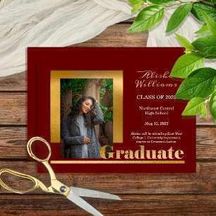 Classy Elegant Gold Text Graduate 1 Photo Maroon Announcement