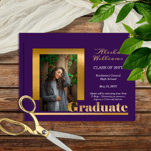 Classy Elegant Gold Text Graduate 1 Photo Purple Announcement