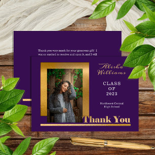 Classy Elegant Gold Text Graduate 1 Photo Purple Thank You Card