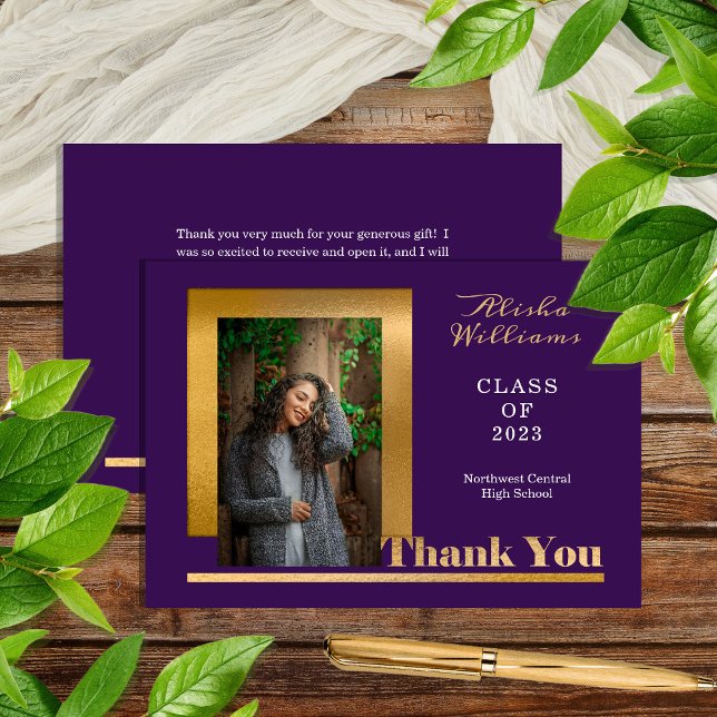 Classy Elegant Gold Text Graduate 1 Photo Purple Thank You Card (Creator Uploaded)