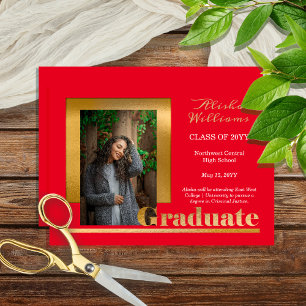Classy Elegant Gold Text Graduate 1 Photo Red Announcement