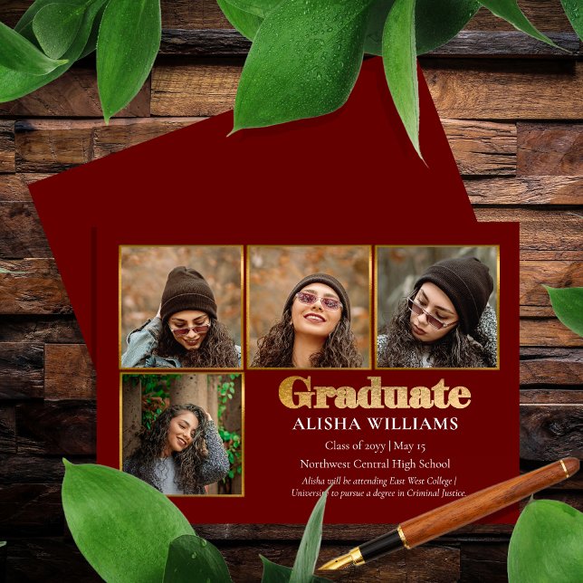 Classy Elegant Gold Text Graduate 4 Photo  Announcement (Classy Elegant Gold Tone Text "Graduate" 4 Photo Graduation Announcement -- Print | Digital Download)