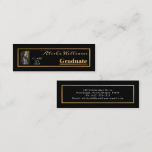 Classy Elegant Gold Text Graduate Photo Black Mini Business Card