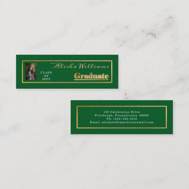 Classy Elegant Gold Text Graduate Photo Green  Mini Business Card (Front/Back)