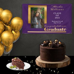 Classy Elegant Gold Text Graduate Photo Purple Banner