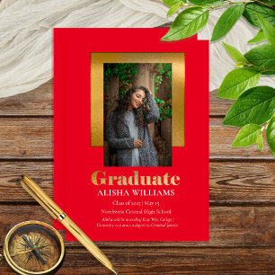 Classy Elegant Gold Text Graduate Photo Red Announcement