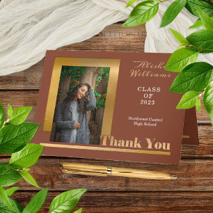 Classy Elegant Gold Text Graduate Photo Terracotta Thank You Card