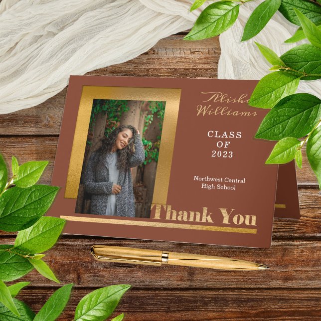 Classy Elegant Gold Text Graduate Photo Terracotta Thank You Card (Elegant and Modern Terracotta and Gold Tone One Photo Graduation Thank You Folded Card)