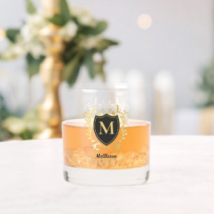 Classy Elegant Gold Tone Monogram Family Shield Whiskey Glass