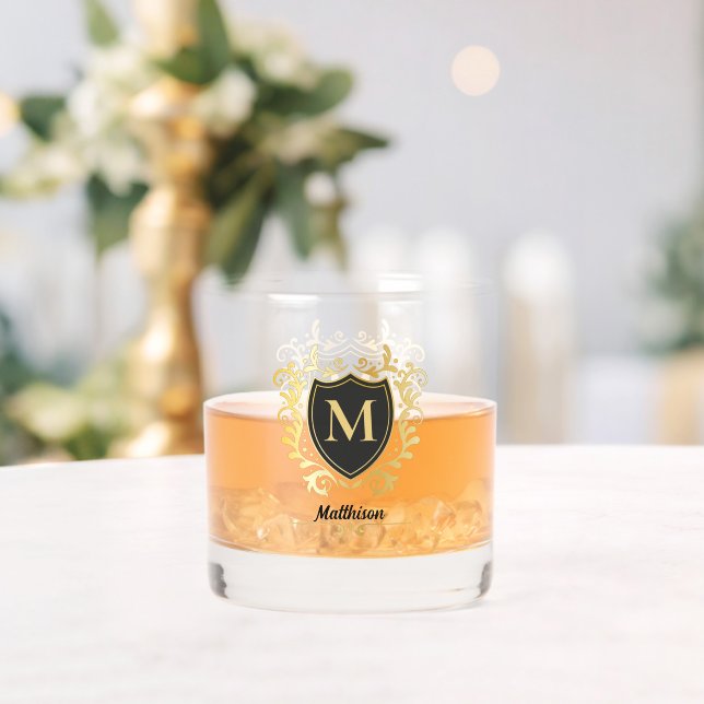 Classy Elegant Gold Tone Monogram Family Shield Whiskey Glass (Insitu (Wedding))