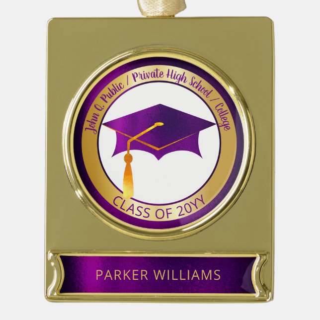 Classy Elegant Grad Cap School Graduate Graduation Gold Plated Banner Ornament (Front)