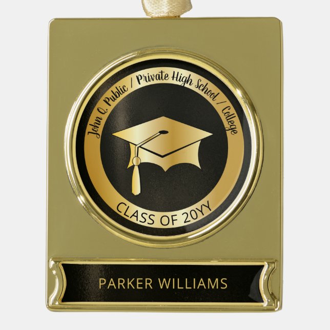 Classy Elegant Grad Cap School Graduate Graduation Gold Plated Banner Ornament (Front)