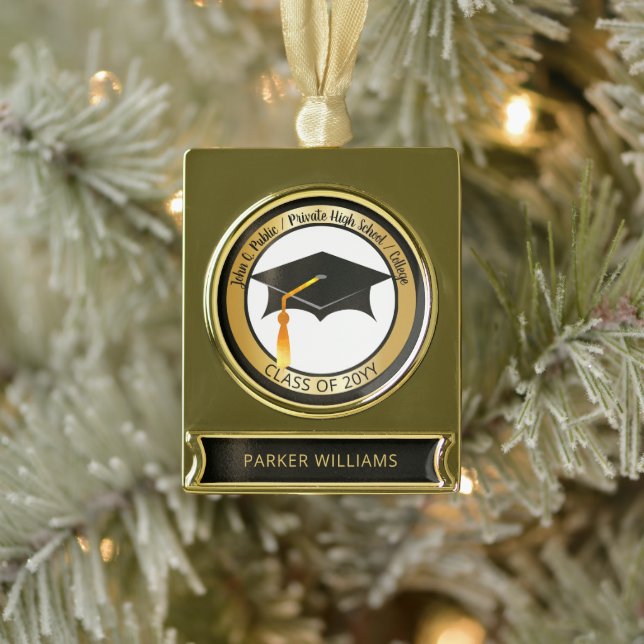 Classy Elegant Grad Cap School Graduate Graduation Gold Plated Banner Ornament (Tree)