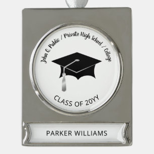 Classy Elegant Grad Cap School Graduate Graduation Silver Plated Banner Ornament
