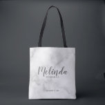 Classy Elegant Marble Personalised Bridesmaids Tote Bag<br><div class="desc">Classy Elegant Marble Modern Script Personalised Bridesmaids Tote Bag
featuring personalised bridesmaid's name in modern calligraphy font style with title and wedding date in modern sans serif font style on white marble background.

Also perfect for Maid of Honour,  Flower Girl,  Mother of the Bride and more.</div>