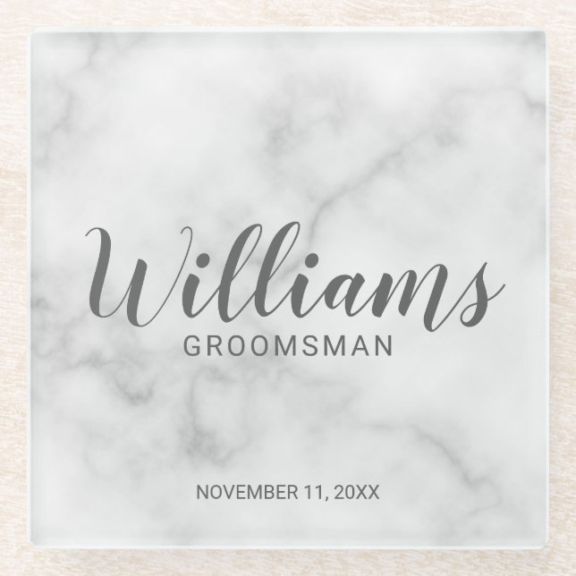 Classy Elegant Marble Personalised Groomsmen Glass Coaster (Front)
