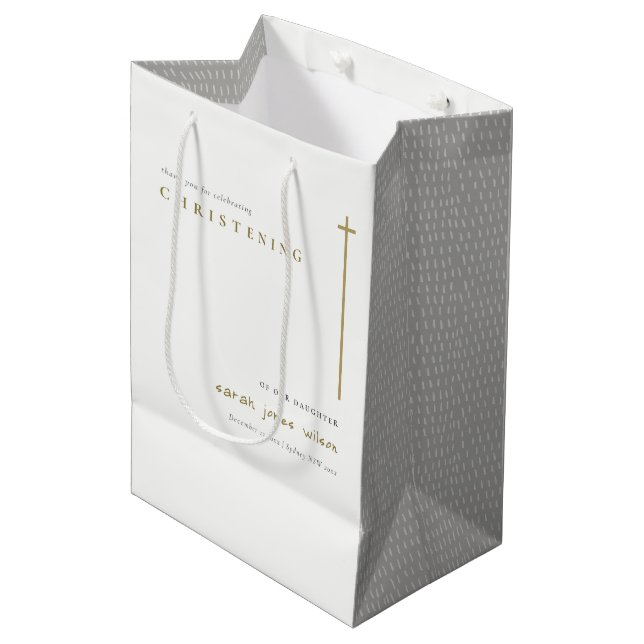 Classy Elegant Minimal Gold Typography Christening Medium Gift Bag (Front Angled)