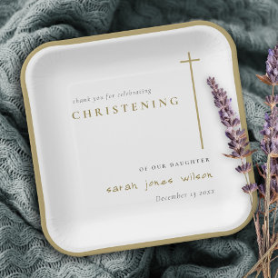 Classy Elegant Minimal Gold Typography Christening Paper Plate