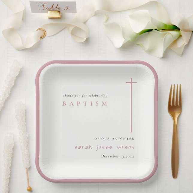 Classy Elegant Minimal Pink Typography Baptism Paper Plate (Wedding)