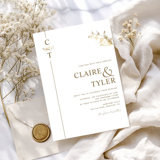 Classy Elegant Monogram White and Gold Wedding Invitation (Creator Uploaded)