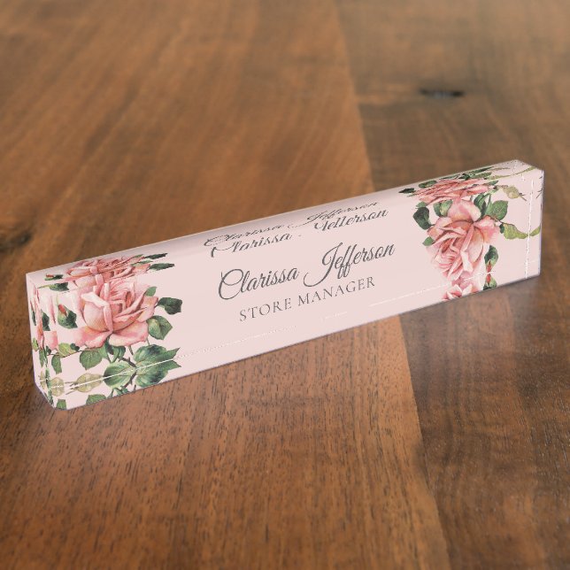 Classy elegant pink blush roses store manager nameplate (Side)