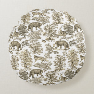 Classy Elegant Rustic Beige Forest Animals Toile Round Cushion
