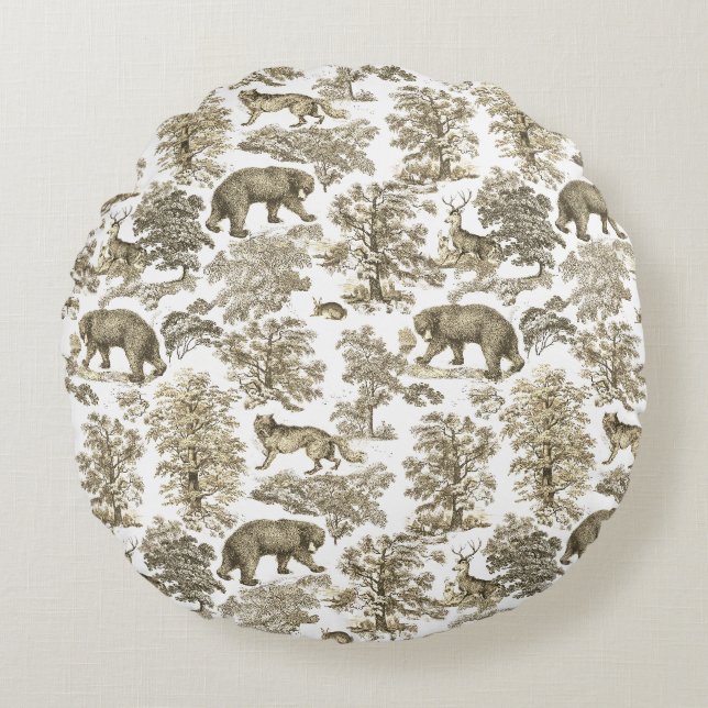Classy Elegant Rustic Beige Forest Animals Toile Round Cushion (Front)