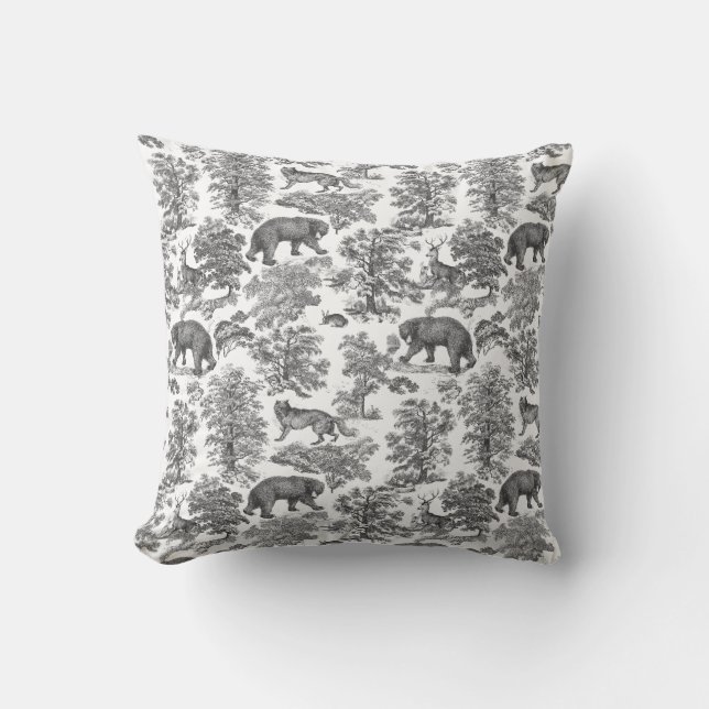 Classy Elegant Rustic Black Forest Animals Toile Cushion (Front)