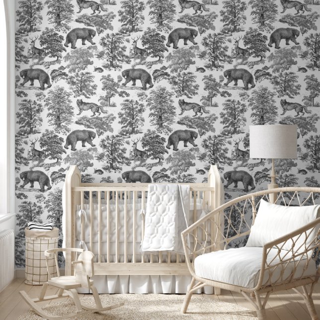 Classy Elegant Rustic Black Forest Animals Toile Wallpaper (Kids)
