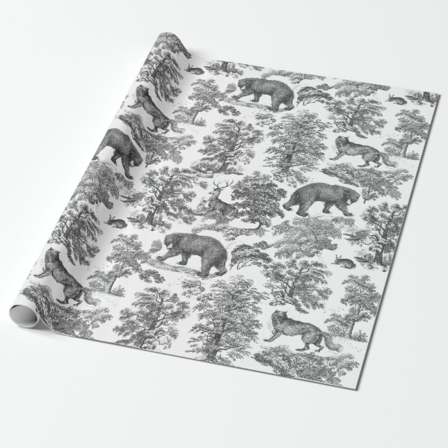 Classy Elegant Rustic Black Forest Animals Toile Wrapping Paper (Unrolled)