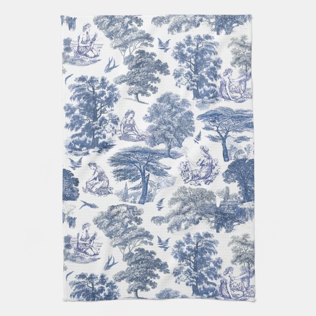 Classy Elegant Rustic Blue Country Toile Tea Towel (Vertical)