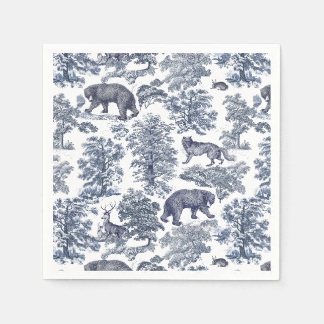 Classy Elegant Rustic Blue Forest Animals Toile Napkin (Front)