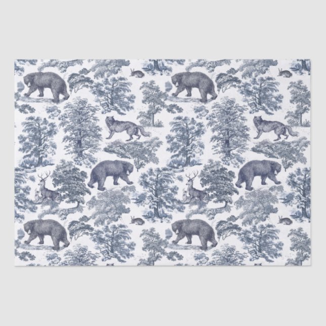 Classy Elegant Rustic Blue Forest Animals Toile Tissue Paper (Front)
