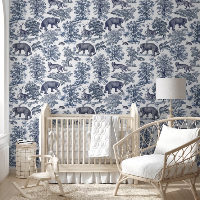 Classy Elegant Rustic Blue Forest Animals Toile Wallpaper (Kids)