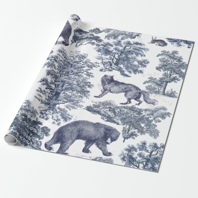 Classy Elegant Rustic Blue Forest Animals Toile Wrapping Paper (Unrolled)