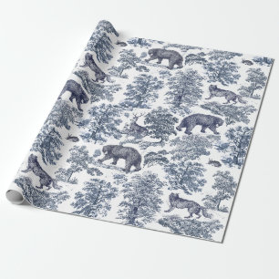Classy Elegant Rustic Blue Forest Animals Toile Wrapping Paper