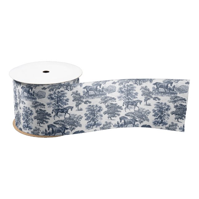Classy Elegant Rustic Blue Horses Country Toile Satin Ribbon (Spool)