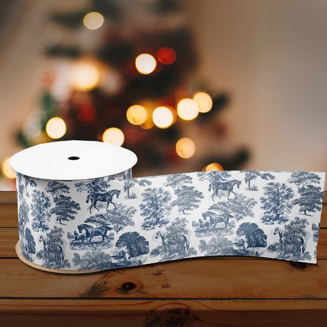 Classy Elegant Rustic Blue Horses Country Toile Satin Ribbon (Creator Uploaded)