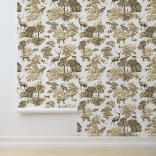 Classy Elegant Rustic Deer Forest Animals Toile Wallpaper