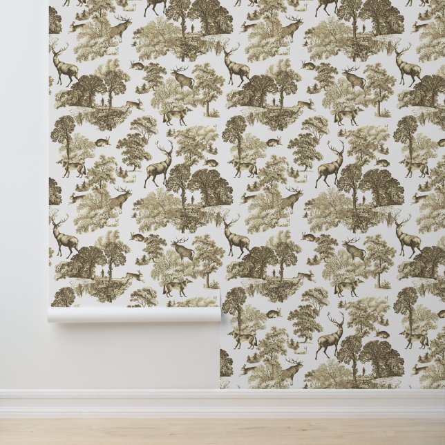 Classy Elegant Rustic Deer Forest Animals Toile Wallpaper (Application)