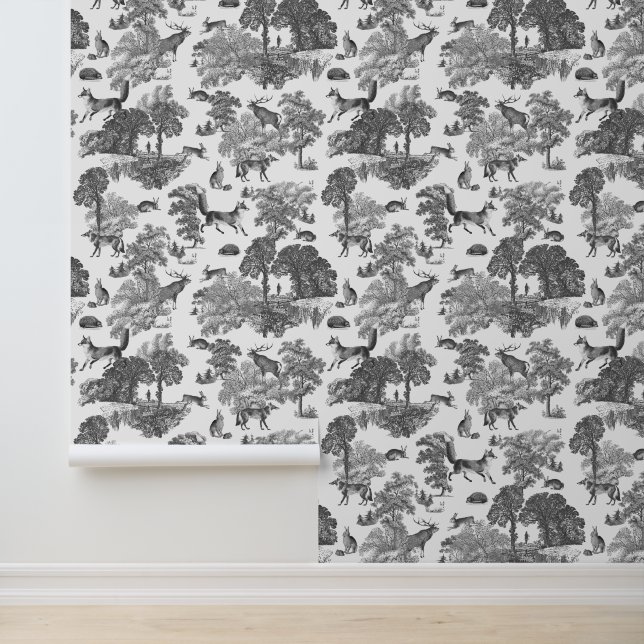 Classy Elegant Rustic Grey Fox Forest Animal Toile Wallpaper (Application)