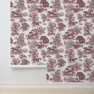 Classy Elegant Rustic Pale Red Horse Toile Wallpaper