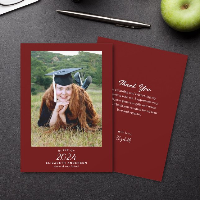 Classy Elegant Script Burgundy Graduation Photo Thank You Card (Creator Uploaded)