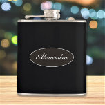 Classy Elegant Script Custom Name Personalised Hip Flask<br><div class="desc">Add a name, and easily create your personalised flask. Click CUSTOMIZE FURTHER to change the text colour or background colour. You can TRANSFER this DESIGN on other Zazzle products and adjust it to fit most of the Zazzle items. Standard Studio designs are made in high-resolution vector graphics for a professional...</div>