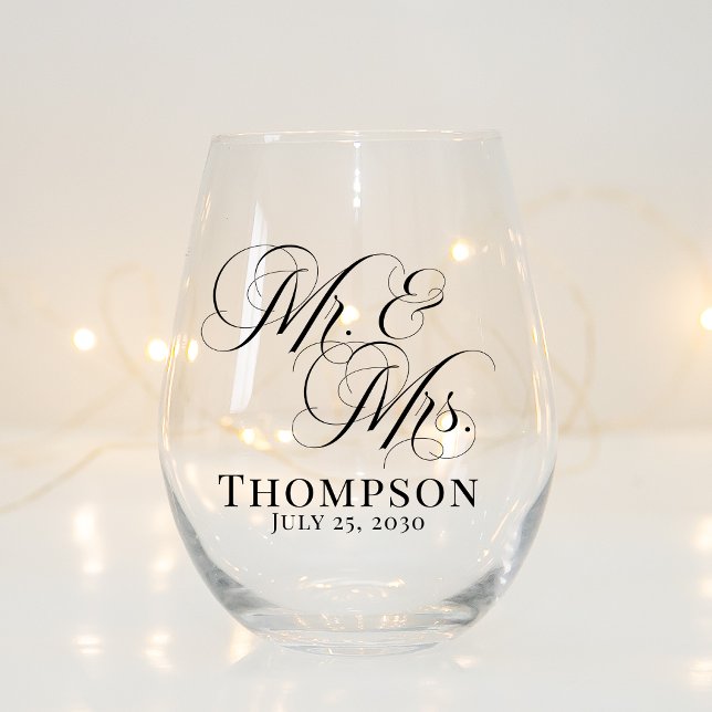 Classy Elegant Script Mr and Mrs Personalised Stemless Wine Glass (Creator Uploaded)