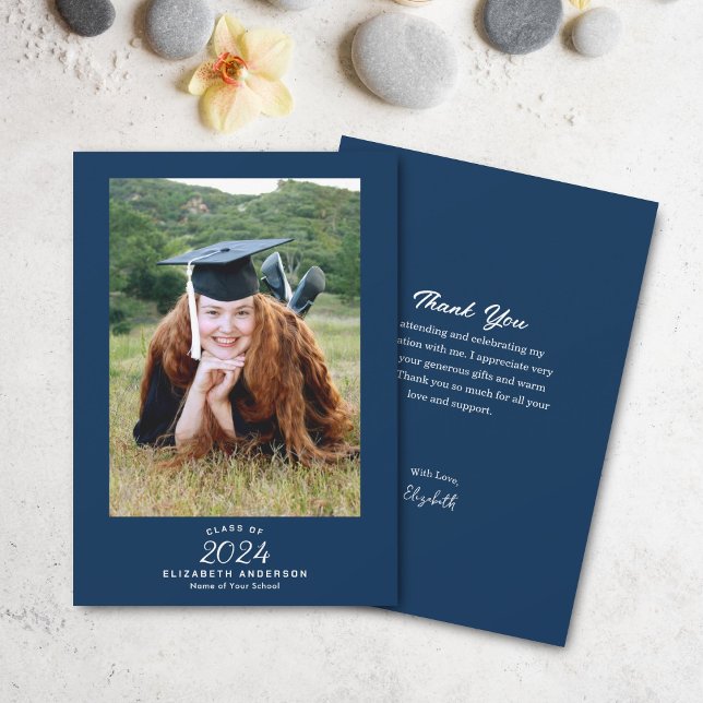 Classy Elegant Script Navy Blue Graduation Photo Thank You Card (Creator Uploaded)
