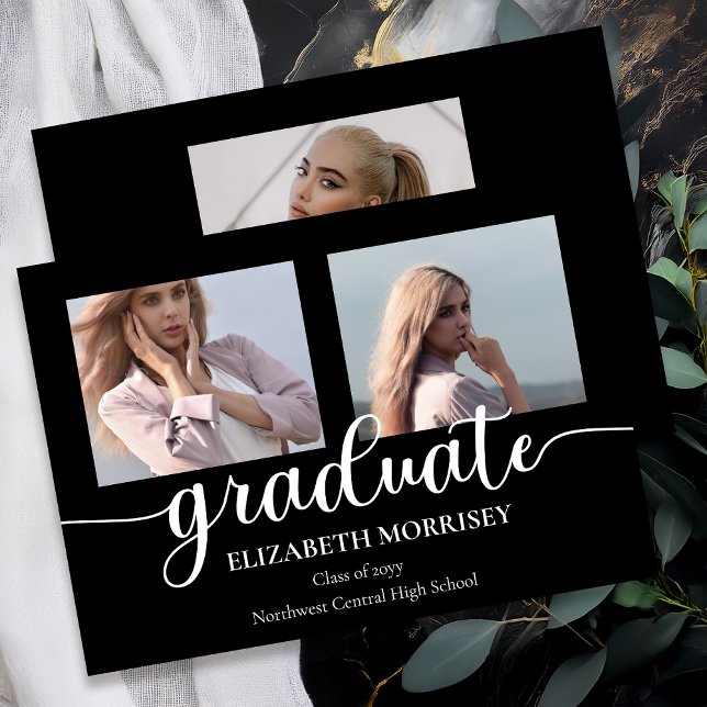 Classy Elegant Script Text Graduate 3 Photo Announcement (Classy Elegant Script Text Graduate 3 Photo Black | White Graduation Announcement - Print | Digital)