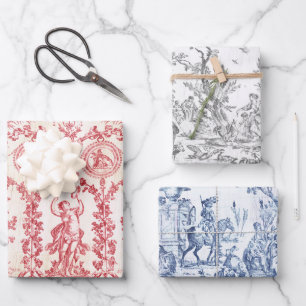 Classy Elegant Vintage Blue Red Gray Toile Wrapping Paper Sheet