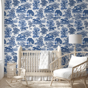 Classy Elegant Vintage Rustic Blue Horse Toile Wallpaper