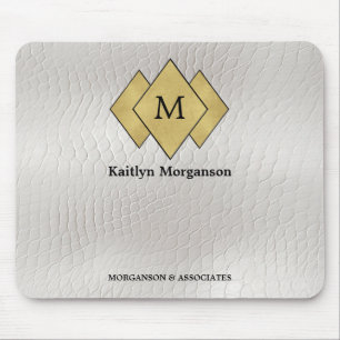 Classy Elegant White Leather Monogrammed  Mouse Pad